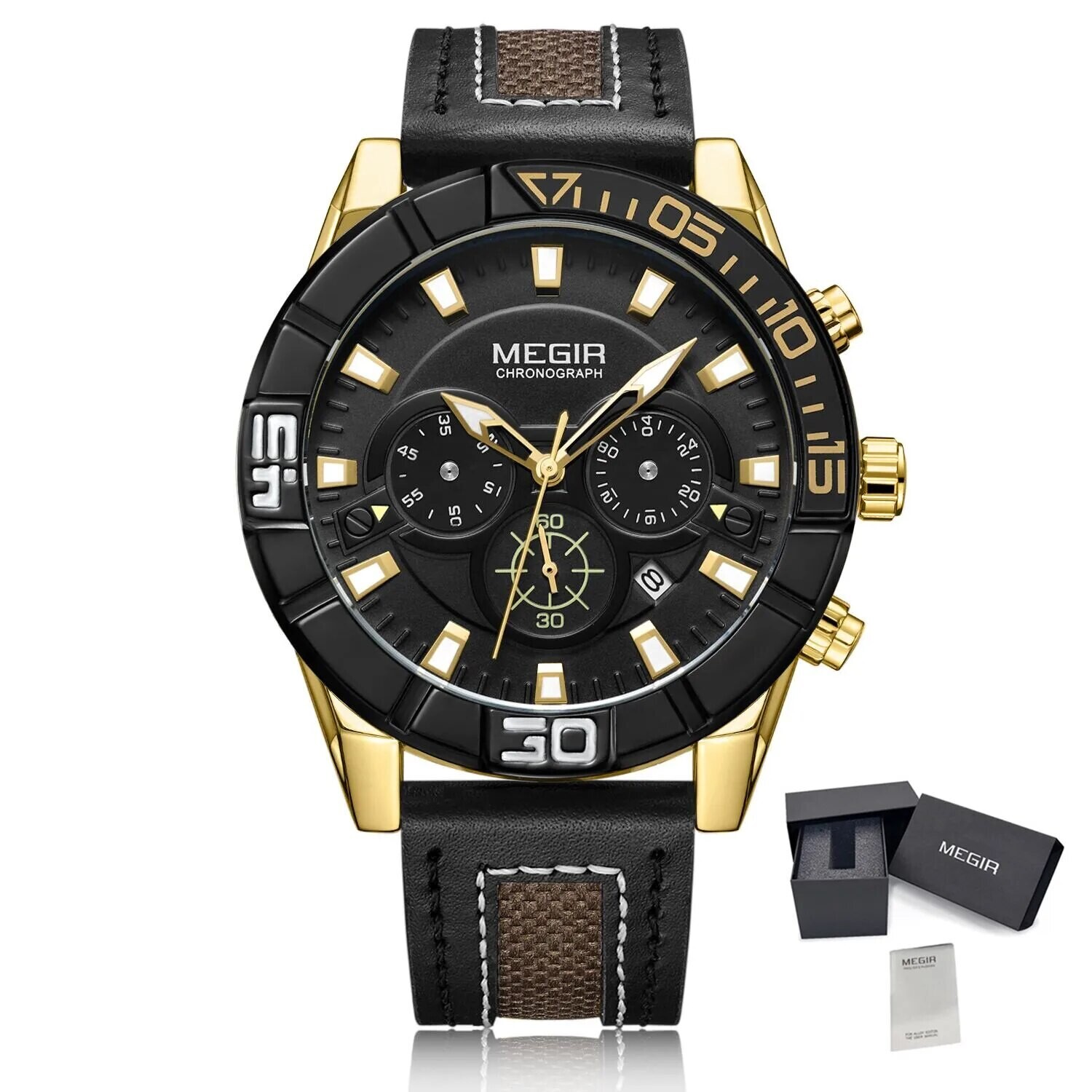 MEGIR Watches for Mens Top Brand Luxury Military Sports Watches Chronograph Leather Waterproof Date Quartz Wristwatch Man Clock, Color: Gold Black