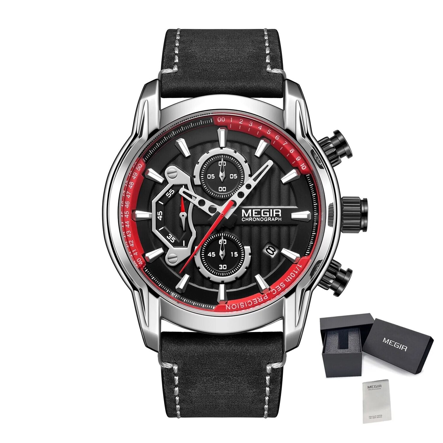 MEGIR Fashion Mens Watches Waterproof Luminous Sports Wrist Watch Man Leather Chronograph Quartz Wristwatch Reloj Hombre 2104, Color: Silver Black