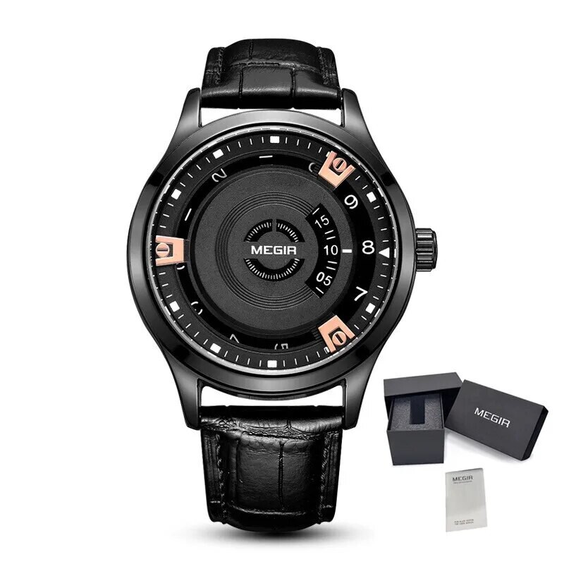 MEGIR Mens Watches Top Brand Luxury Leather Sport Military Watches Male Clock Waterproof Fashion Casual Quartz Wristwatch 1067, Color: Rose Black