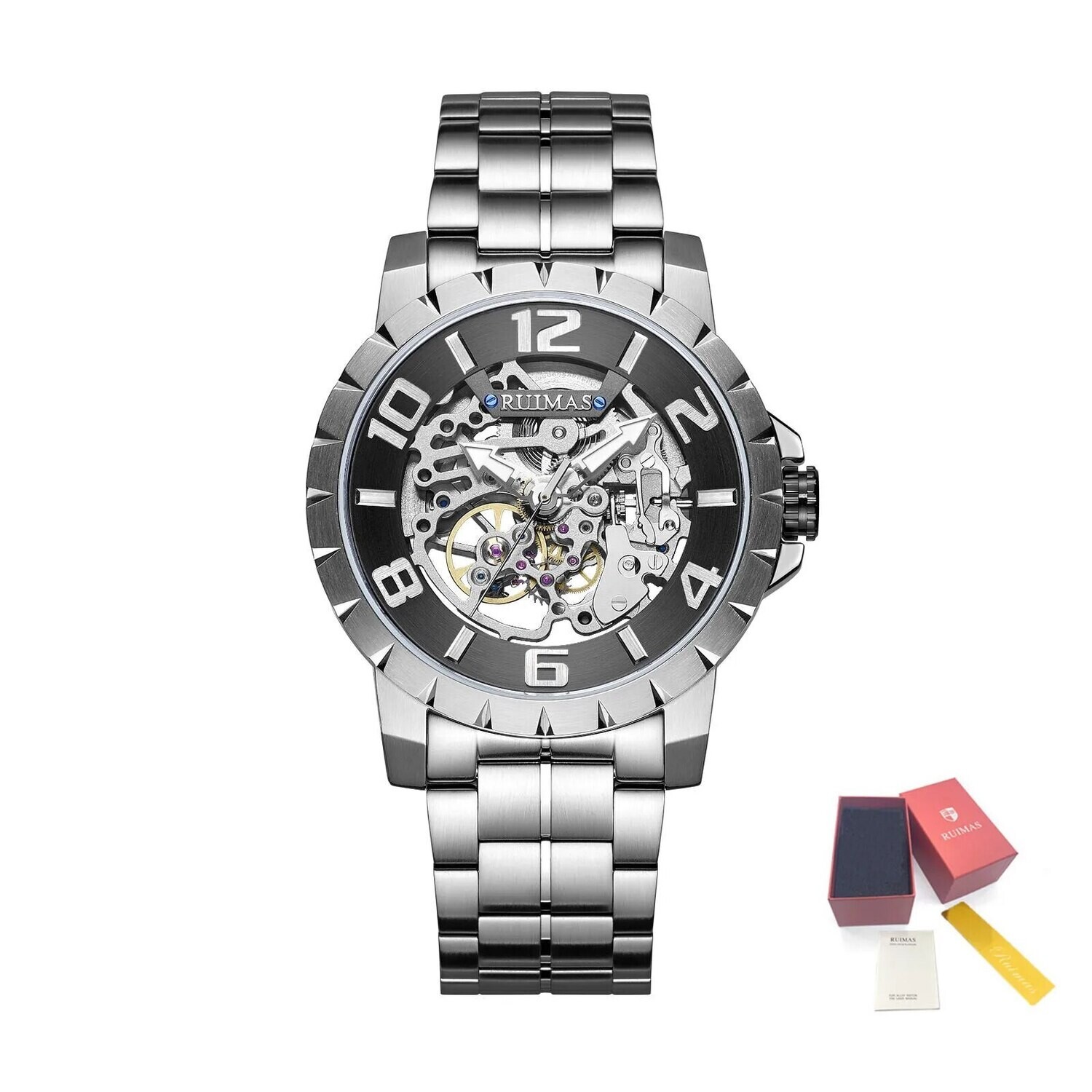 RUIMAS Men Mechanical Watch Luxury Automatic Stainless Steel Bracelet Wristwatches 5ATM Waterproof Clock Relogio Masculino 6784, Color: Silver