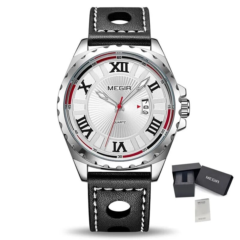 MEGIR Sport Men Watch Top Brand Leather Quartz Watches Man Clock Time Fashion Military Wristwatches Calendar Reloj Hombre 1019, Color: Whte