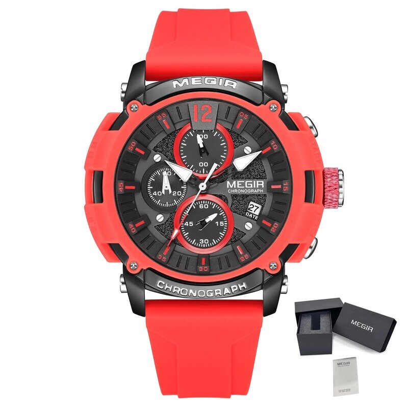 MEGIR Fashion Military Watch for Men Top Luxury Sport Quartz Chronograph Waterproof Male Clock Wristwatch Silicone Reloj Hombre, Color: Red