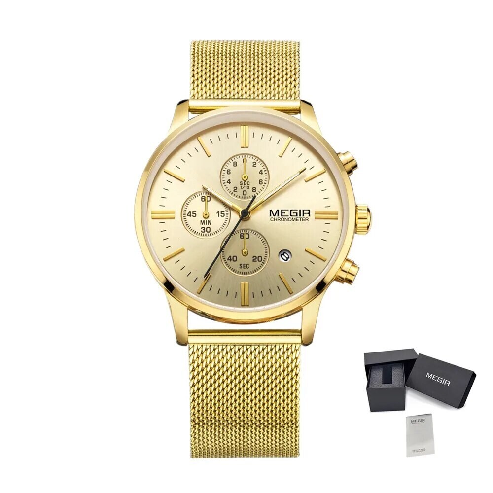 MEGIR Men&#39;s Quartz Watch Top Brand Luxury Wristwatch Waterproof Business Clock Date Wrist Watch Chronograph reloj hombre 2011, Color: Gold