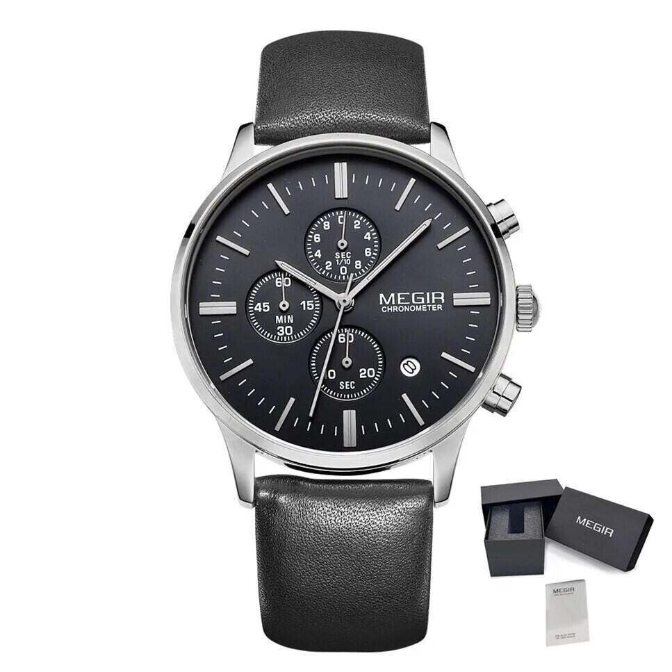 MEGIR Fashion Men Watches Chronograph Top Brand Luxury Sport Military Watch Leather Waterproof Quartz Wristwatch Male Clock 2011, Color: style 1