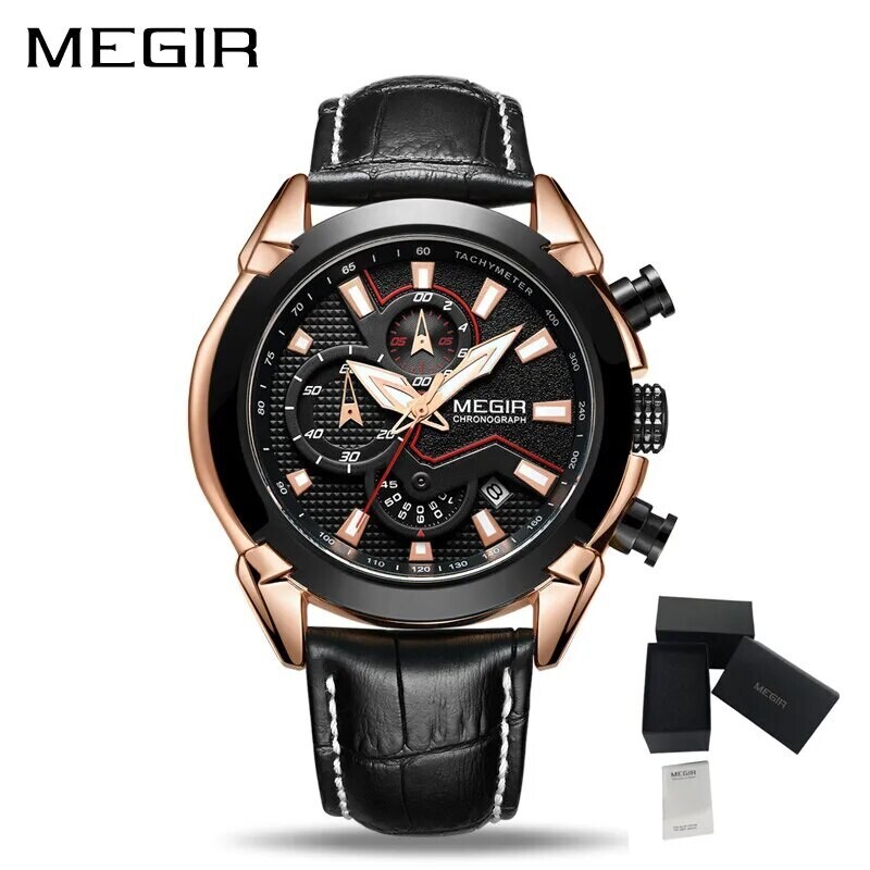 MEGIR Sport Chronograph Men&#39;s Quartz Wristwatch Waterproof Male Clock Calendar Luminous Man Watches Calendar Leather Watch 2065