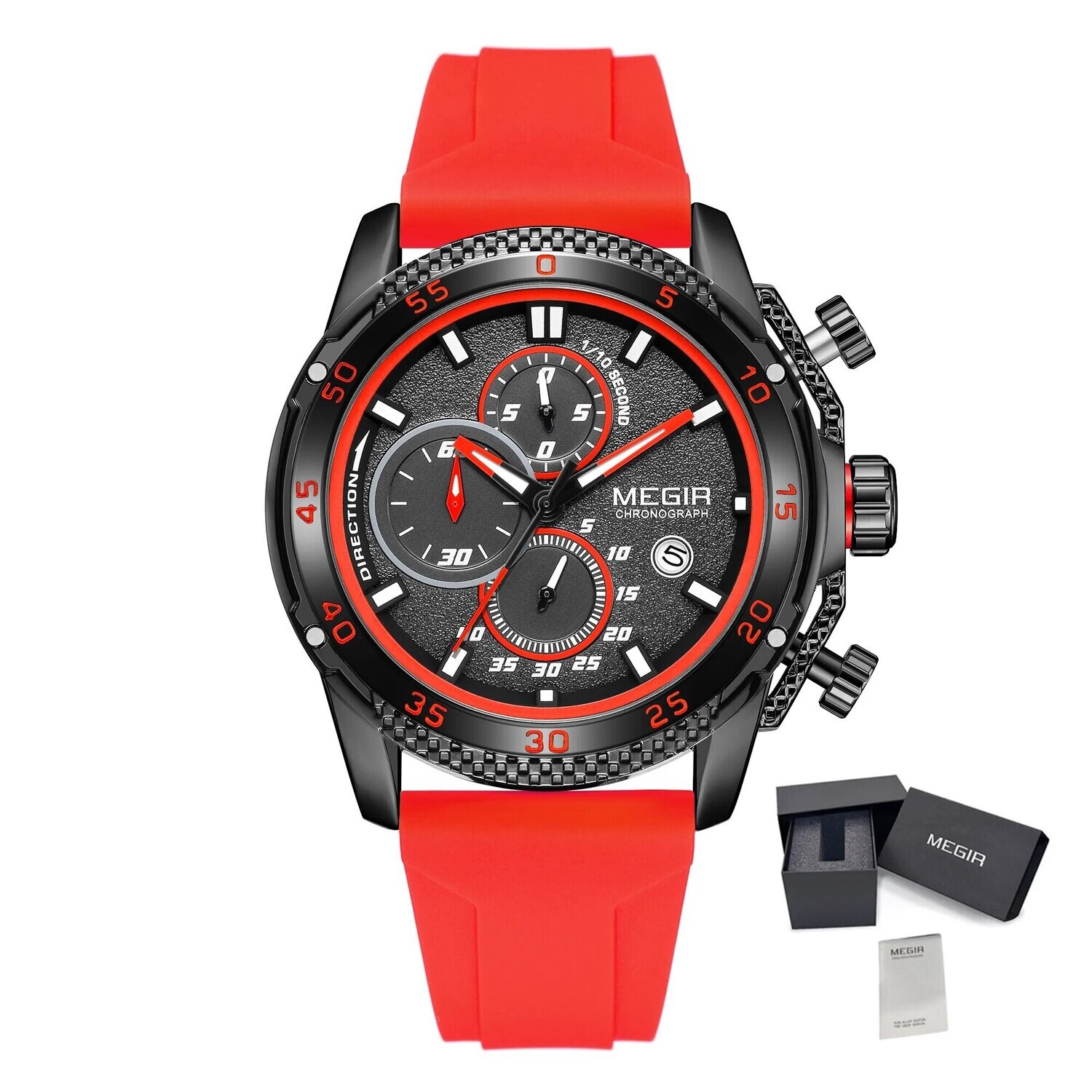 MEGIR Mens&#39; Watches Luxury Fashion Military Sport Watch for Man Waterproof Luminous Silicone Quartz Wrist Watch Clock 2211, Color: Red