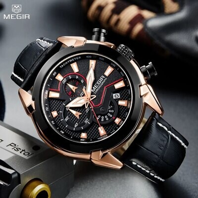 MEGIR Sport Chronograph Men's Quartz Wristwatch Waterproof Male Clock Calendar Luminous Man Watches Calendar Leather Watch 2065