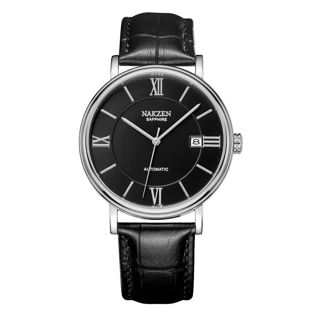 NAKZEN Men Business Automatic Mechanical Watches Brand Luxury Leather Man Wrist Watch Male Clock Relogio Masculino Miyota 9015, Color: black