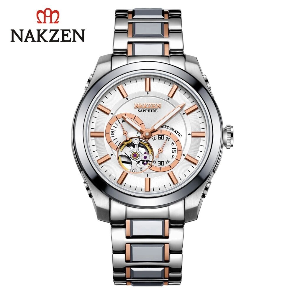 NAKZEN Men Automatic Watch Miyota 82S7 Sapphire Luxury Mechanical Wristwatch Stainless Steel Waterproof Watch Clock relogio masc, Color: rose gold