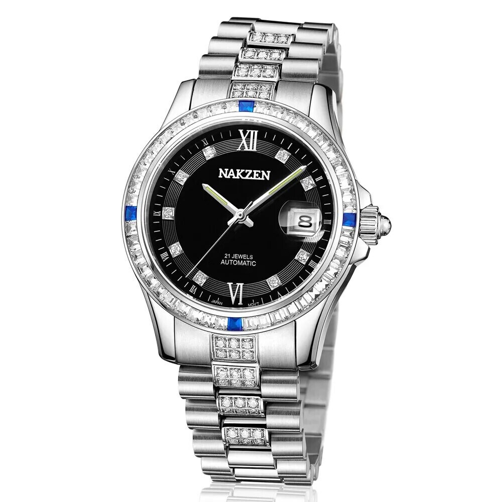 NAKZEN Men Japan NH35 Movement Automatic Mechanical Watch Elegant Diamond Stainless Steel Bracelet Watches Relogio Masculino, Color: black