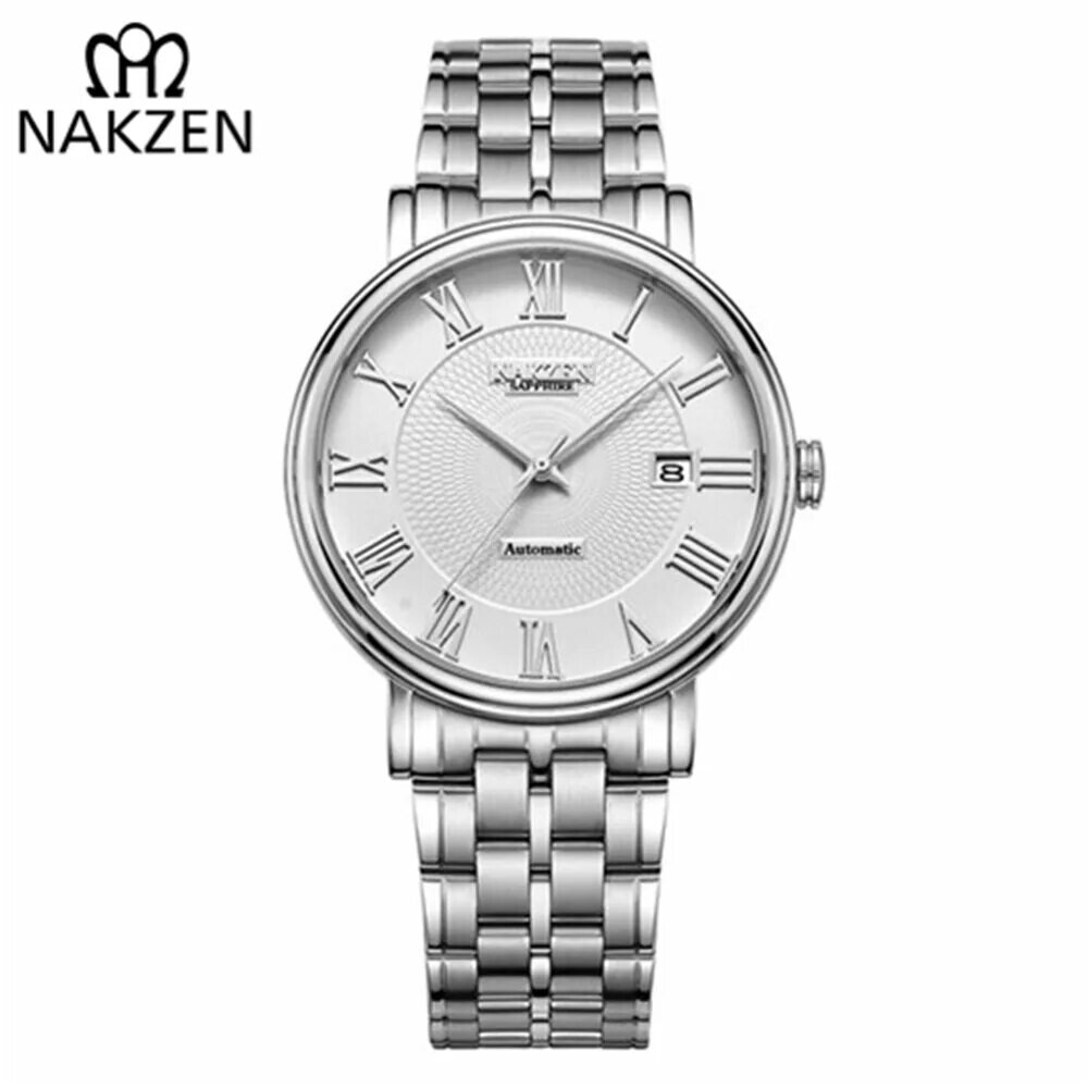 NAKZEN Men Classic Automatic Mechanical Watches Brand Luxury Man Stainless Steel Wristwatch Clock Relogio Masculino Miyota 9015, Color: white SS