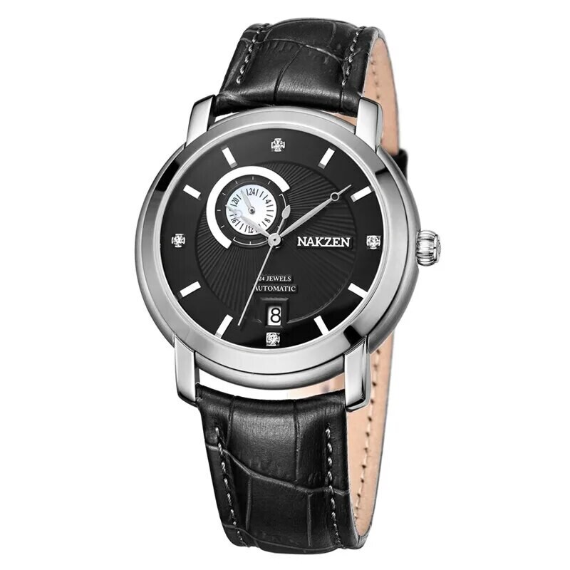 NAKZEN Men Automatic Japan NH37 Movement Mechanical Watch Men Sapphire Military Leather Sports Watches Male Clock Reloj Hombre, Color: black