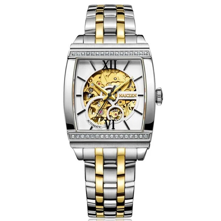 NAKZEN Rectangle Automatic Mechanical Men Watches Unique Design Tourbillon Skeleton Watch Luxury Valuable Male Clock Wrist Watch, Color: gold