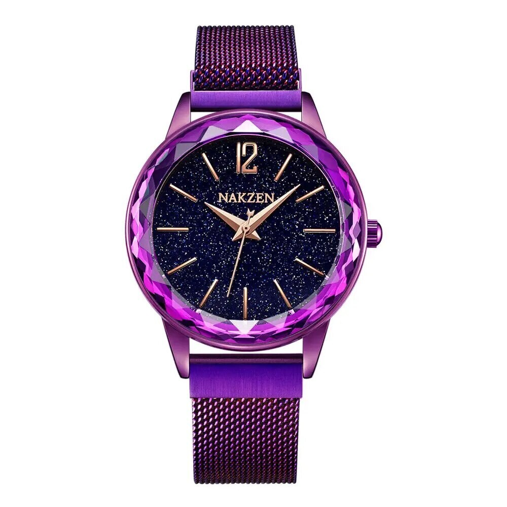 NAKZEN Rose Gold Women Watches Minimalism Starry sky Magnet Buckle Fashion Wristwatch Waterproof Roman Numeral reloj mujer, Color: purple