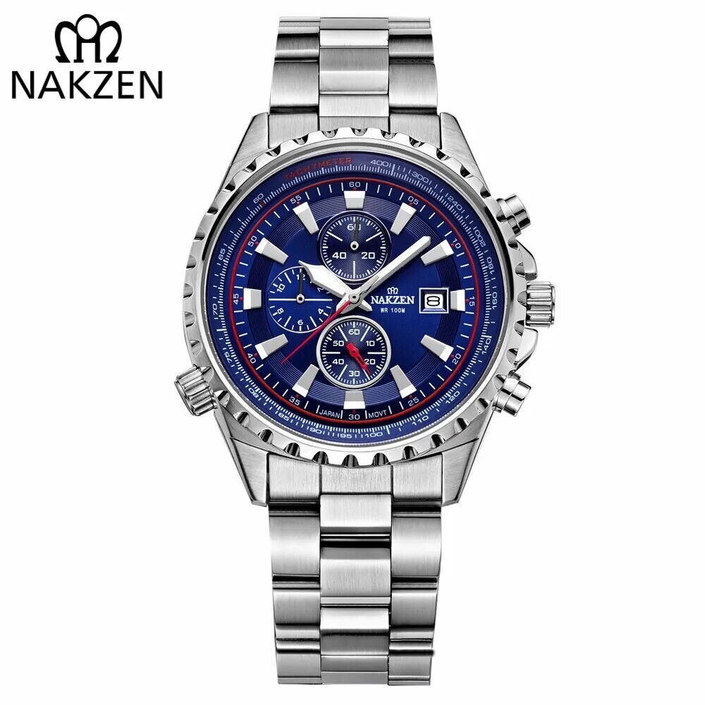 NAKZEN Business Men Multifunction Quartz Watch Man Sports Stainless Steel Watches Waterproof 10Bar WirstWatch Relogio Masculino, Color: blue