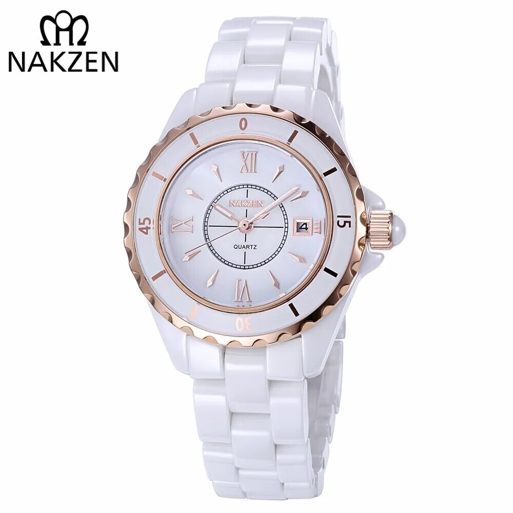 NAKZEN Brand Fashion Casual Women Quartz Watches Waterproof Ceramic Watch Female Clock Girl Gift relogio feminino Wristwatch, Color: white gold