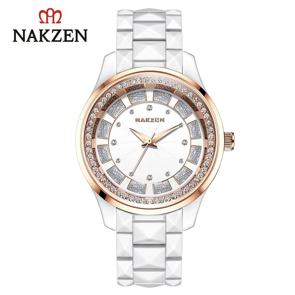 NAKZEN Design Quartz Ladies Watch High Quality Ceramic Bracelet White Watches Luxury Diamond Clock Gifts for Women Relojes De Mu, Color: Ivory