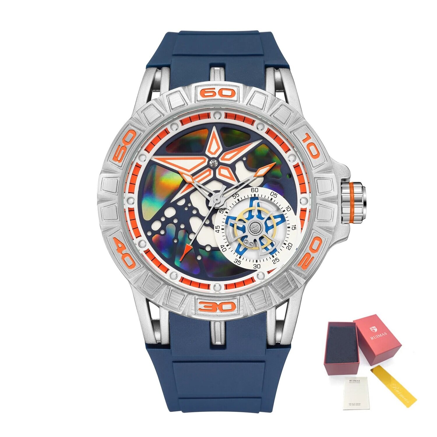 RUIMAS New Fashion Casual Watch for Men Top Brand Luxury Sport Military WristWatch Waterproof Big Dial Clock Relogios Masculino, Color: Silver Blue