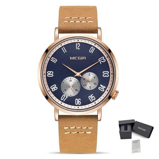 MEGIR Fashion Casual Men Watches Luxury Leather Quartz Sport Wristwatch Waterproof Luminous Clock Large Dial Relogio Masculino 1083, Color: Rose Brown