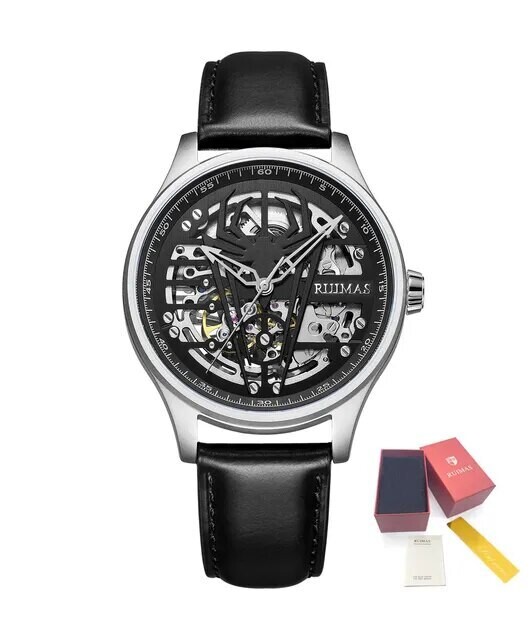RUIMAS Mens Watches Leather Sports Watches Men&#39;s Army Military Wrist Watch Automatic Mechanical Male Clock Reloj Hombre 6787, Color: Silver Black