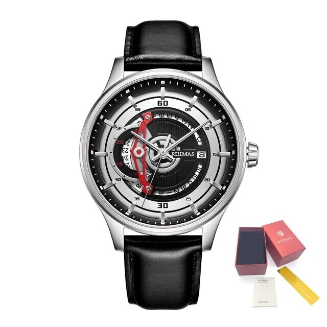 RUIMAS Mens Watches Luxury Fashion Sports Wristwatch Leather Strap Men&#39;s Army Military Watch Automatic Mechanical Man Clock 6786, Color: Silver Black