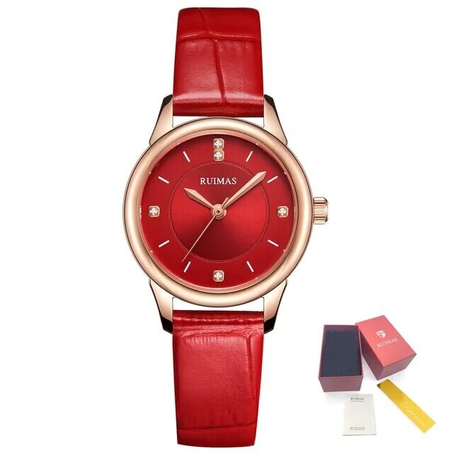 RUIMAS Women Watches Luxury Fashion Female Quartz Watch Steel Mesh Ladies Wristwatch Elegant Dress Clock Relogio Feminino 6779, Color: Red (leather)