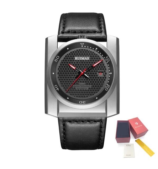 RUIMAS Luxury Men Watches Automatic Mechanical Wrist Watch for Mens Fashion Leather Business Casual Clock Montre Homme 6775, Color: Silver Black