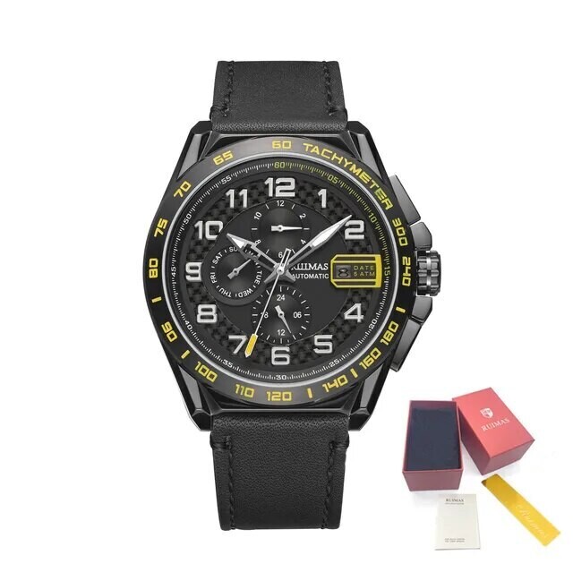 RUIMAS Luxury Men Watches Automatic Mechanical Watch Fashion Sport Casual Wristwatch Leather Strap Luminous Date Male Clock 6771, Color: Yellow Black
