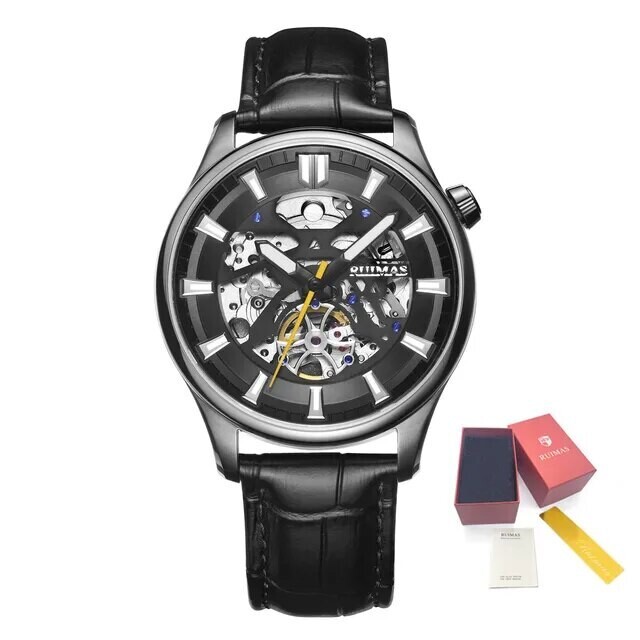 RUIMAS Men Mechanical Wristwatch Fashion Casual Leather Band Watch Luxury Sport Wrist Watch Chronograph Luminous Man Clock 6770, Color: Silver Black