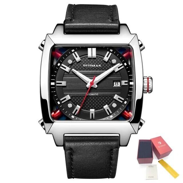 RUIMAS Men&#39;s Watches Luxury Automatic Mechanical Wrist Watches Calendar Sapphire Leather Chronograph for Man Reloj Hombre 6763, Color: Silver Black