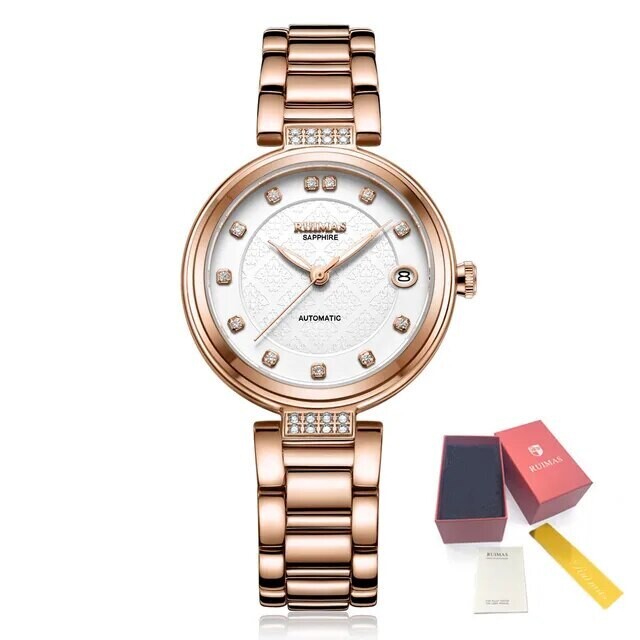 RUIMAS Women Automatic Mechanical Watch Steel Strap Ladies Business Wrist Watch Fashion Waterproof Date Clock Montre Femme 6756, Color: Black Silver