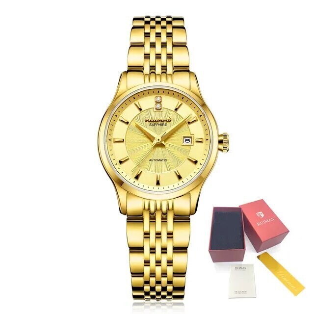 RUIMAS Brand Luxury Women Automatic Mechanical Watches Fashion Ladies Business Casual Wristwatch Sapphire Clock Reloj Mujer 6755, Color: Gold