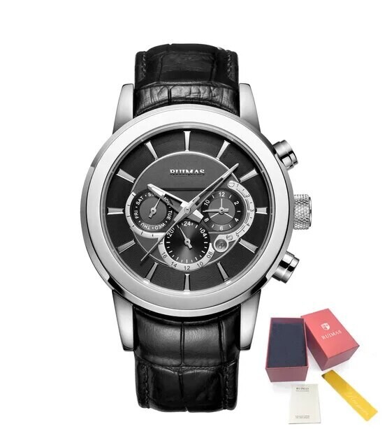 RUIMAS Mechanical Watches for Men Luxury Casual Business Wristwatch Leather Male Clock Date Chronograph Relogios Masculino 6767, Color: Silver Black