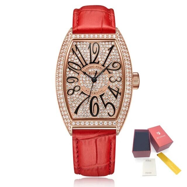 RUIMAS Luxury Diamond Women Automatic Mechanical Watches Waterproof Elegant Ladies Wrist Watch Clock Leather Reloj Mujer 6757, Color: Red