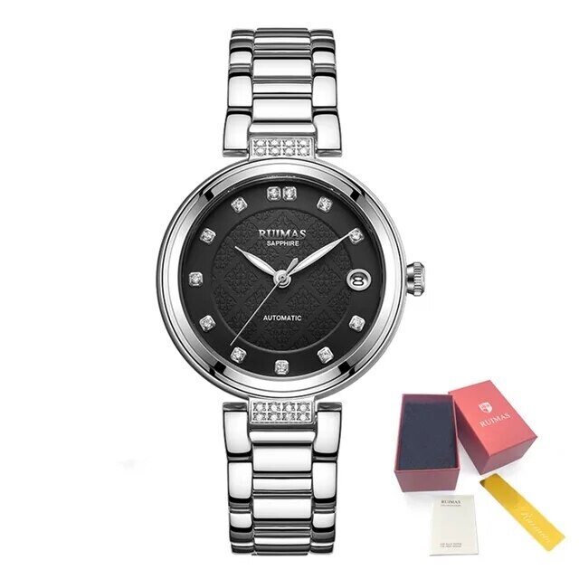 RUIMAS Women Automatic Mechanical Watch Steel Strap Ladies Business Wrist Watch Fashion Waterproof Date Clock Montre Femme 6756, Color: Black Silver