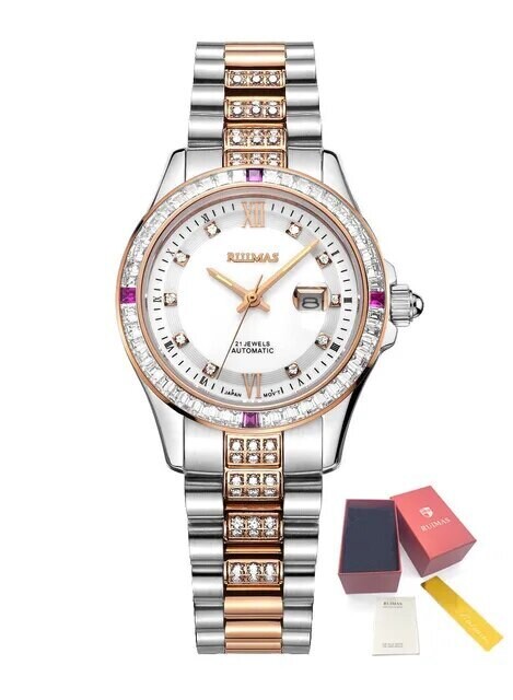RUIMAS Sapphire Mechanical Women Watch Brand Luxury Steel Bracelet Ladies Fashion Watch Automatic Female Clock Reloj Mujer 6740, Color: Rose Silver