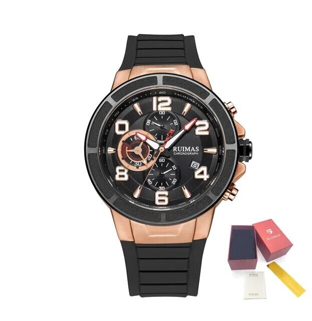 RUIMAS Chronograph Top Brand Luxury Quartz Watches for Men Waterproof Silicone Sports Clock Wristwatch Calendar Montre Homme 587, Color: Rose Black