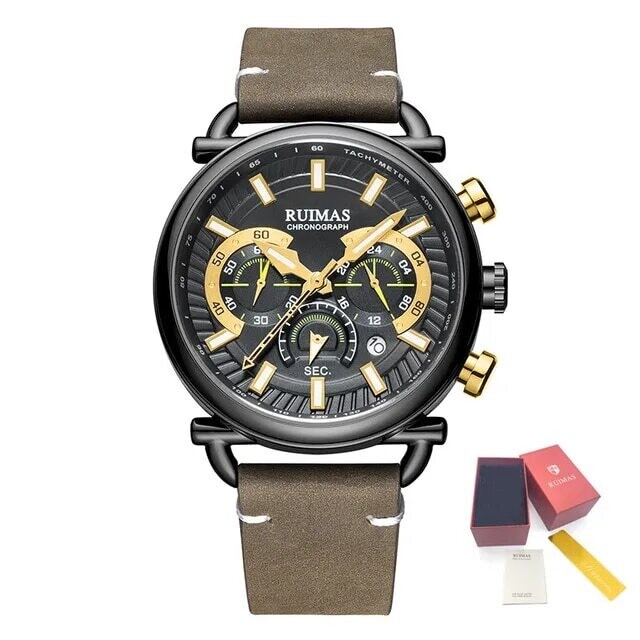RUIMAS Men Luxury Sport Watches Leather Bracelet Quartz Wristwatch Luminous Clock Watch Calendar Relogio Masculino 585, Color: Black Brown