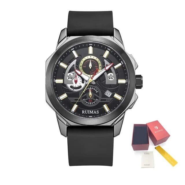 RUIMAS Sports Watches for Men Casual Luxury Quartz Wristwatch Calendar Luminous Silicone Chronograph Clock reloj hombre 581, Color: Silver Black