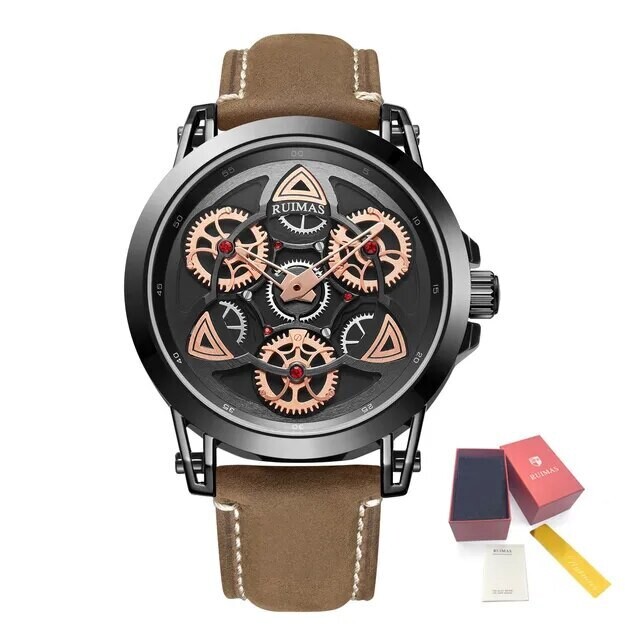 RUIMAS Brand Quartz Sport Watches for Men Fashion Military Casual Wrist Watch Waterproof Leather Male Clock Reloj Hombre 550, Color: Black Brown