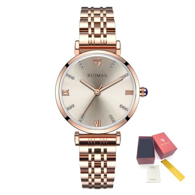 RUIMAS Women Watches Top Brand Luxury Quartz Watch Waterproof Fashion Ladies Wristwatch Stain Steel Dress Clock Reloj Mujer 536, Color: Rose