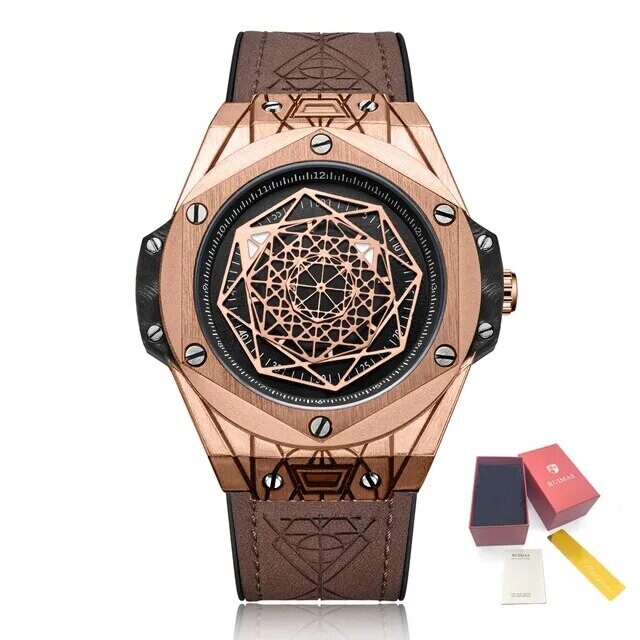 RUIMAS Men&#39;s Watches Fashion Sport Quartz Watch for Men Reloj Hombre Leather Belt Wrist Watch Waterproof Casual Clock 533, Color: Rose Brown