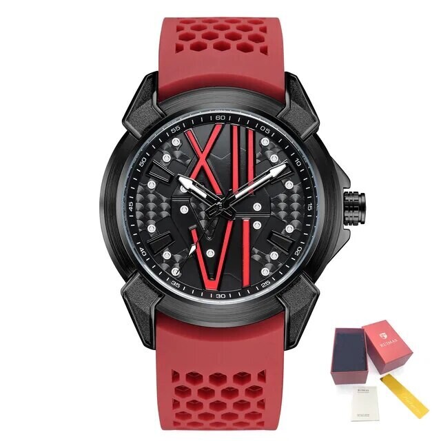 RUIMAS Men Sport Watches Top Brand Quartz Watch Waterproof Wristwatch Silicone Strap Clock Chronograph Relogio Masculino 332, Color: Red