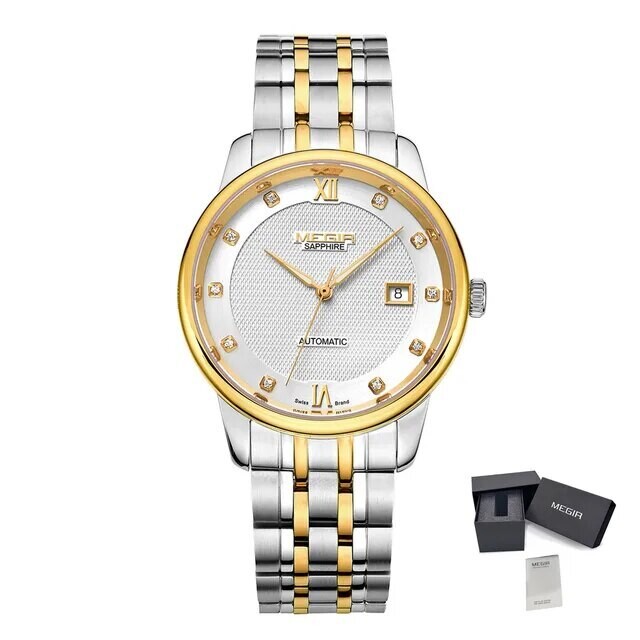 MEGIR Men Watches Stainless Steel Bracelet Sapphire Automatic Mechanical Watch Luxury Business Wristwatches Clock Reloj Hombre, Color: Silver
