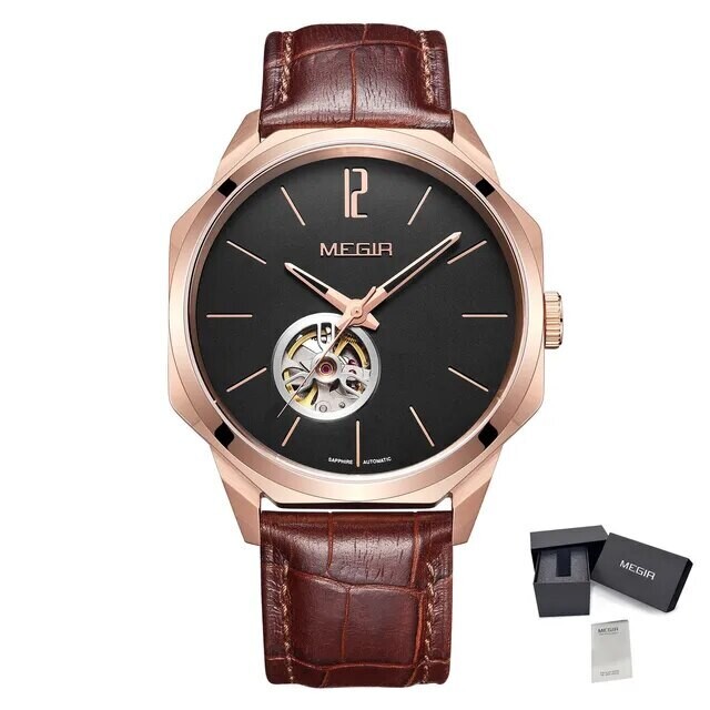 MEGIR Retro Men&#39;s Wristwatch Luxury Automatic Mechanical Watches Leather Strap Sapphire 5ATM Waterproof Watch Relogio Masculino, Color: Brown