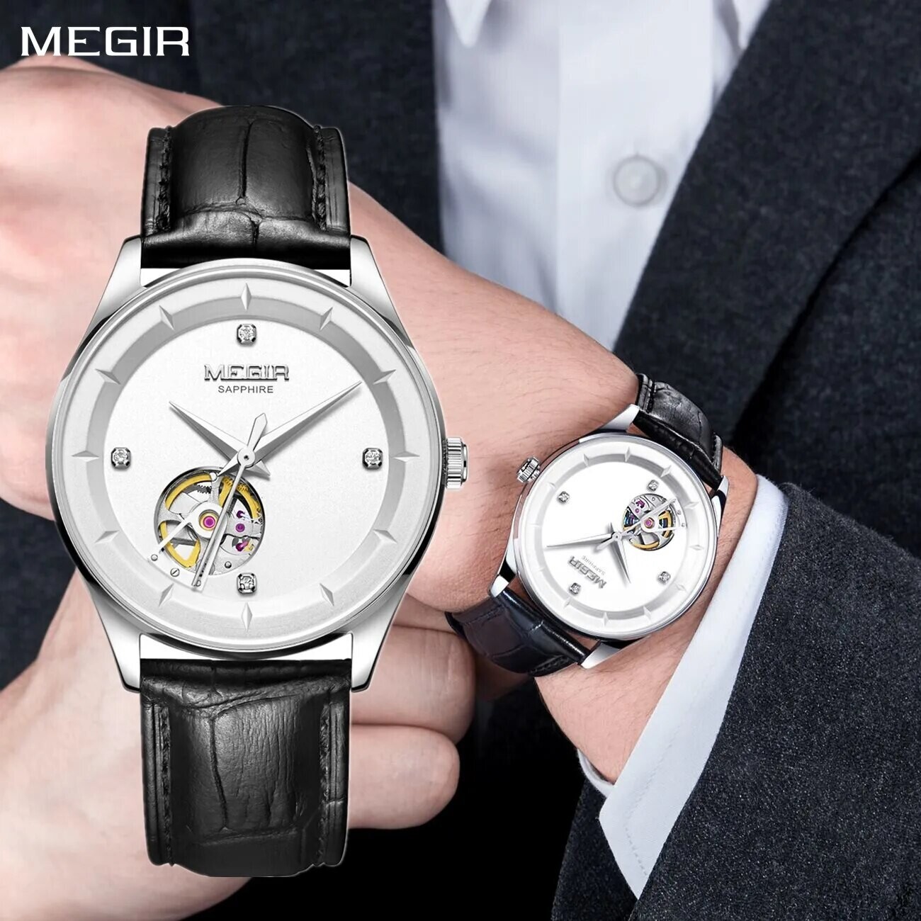 MEGIR Fashion Leather Strap Wristwatch for Men Large Dial Sapphire Automatic Mechanical Watch Clock Relogio Masculino 62059