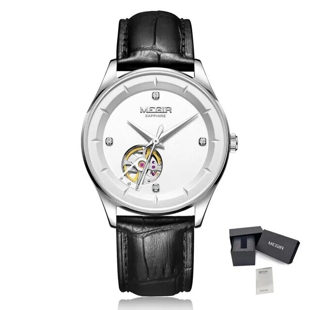 MEGIR Fashion Leather Strap Wristwatch for Men Large Dial Sapphire Automatic Mechanical Watch Clock Relogio Masculino, Color: black