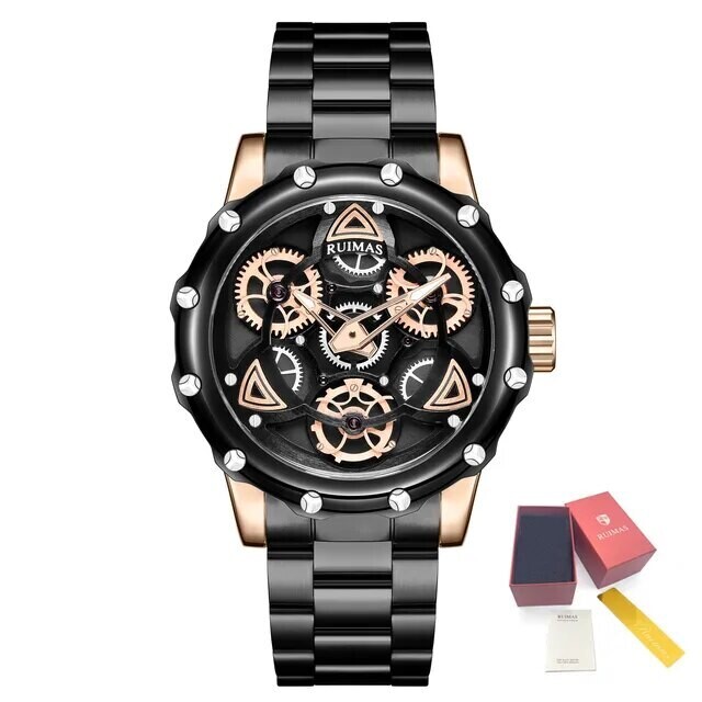 RUIMAS Quartz Watches Men&#39;s Business Wristwatch Waterproof Male Clock Chronograph Stainless Steel Casual Watch reloj hombre 331, Color: Rose Black
