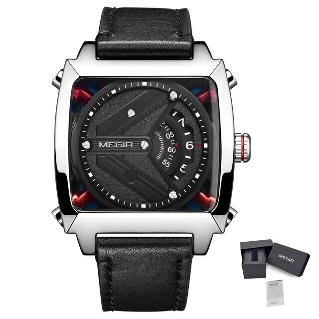 MEGIR Watches for Men Leather Strap Automatic Mechanical Watch Waterproof Business Casual Wristwatch Date Clock Montre Homme, Color: Silver Black