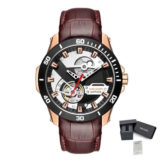 MEGIR Fashion Leather Watches for Men Sapphire Stainless Steel Automatic Mechanical Watch Sports Clock Montre Homme, Color: Rose Brown